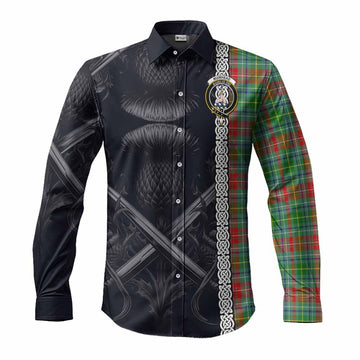 Tartan Vibes Clothing Muirhead Tartan Long Sleeve Button Shirt with Family Crest Cross Sword Thistle Celtic Vibes