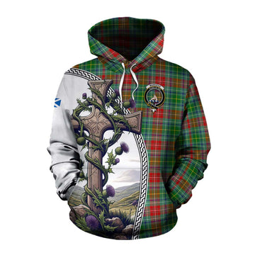 Tartan Vibes Clothing Muirhead Tartan Cotton Hoodie with Family Crest and St. Andrew's Cross Accented by Thistle Vines