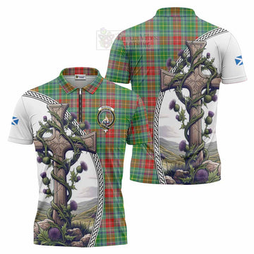 Muirhead Tartan Zipper Polo Shirt with Family Crest and St. Andrew's Cross Accented by Thistle Vines Unisex - Tartan Vibes Clothing