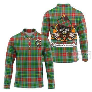 Muirhead Tartan Long Sleeve Polo Shirt with Family Crest and Bearded Skull Holding Bottles of Whiskey Unisex - Tartan Vibes Clothing