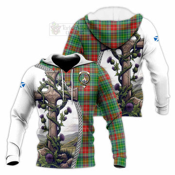 Muirhead Tartan Knitted Hoodie with Family Crest and St. Andrew's Cross Accented by Thistle Vines Unisex Knitted Pullover Hoodie - Tartan Vibes Clothing