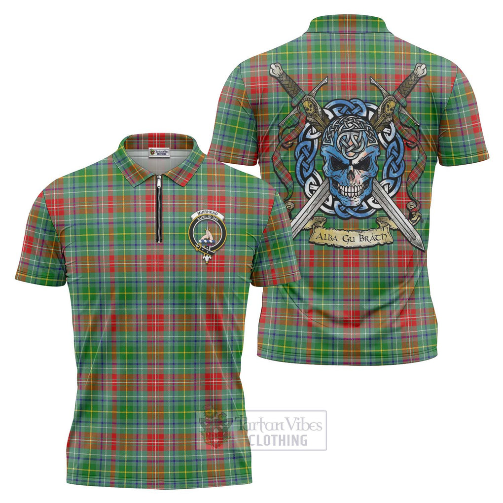 Muirhead Tartan Zipper Polo Shirt with Family Crest Celtic Skull Style Unisex - Tartan Vibes Clothing
