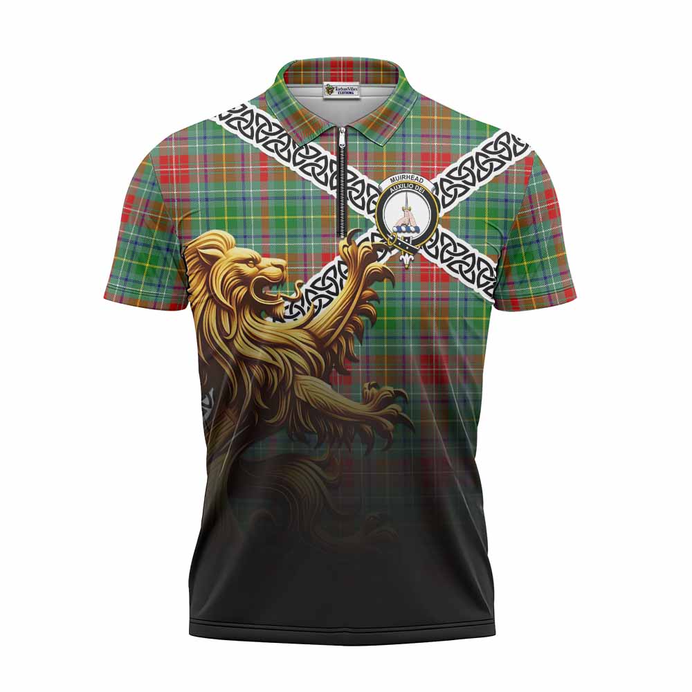 Muirhead Crest Tartan Zipper Polo Shirt with Golden Lion Emblem Celtic Style Unisex - Tartan Vibes Clothing