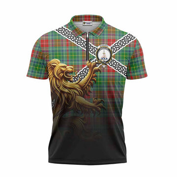 Muirhead Crest Tartan Zipper Polo Shirt with Golden Lion Emblem Celtic Style Unisex - Tartan Vibes Clothing