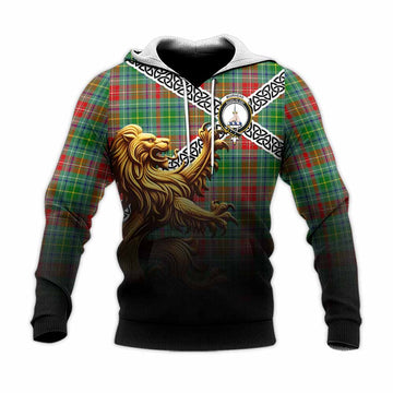 Muirhead Crest Tartan Knitted Hoodie with Golden Lion Emblem Celtic Style Unisex Knitted Pullover Hoodie - Tartan Vibes Clothing