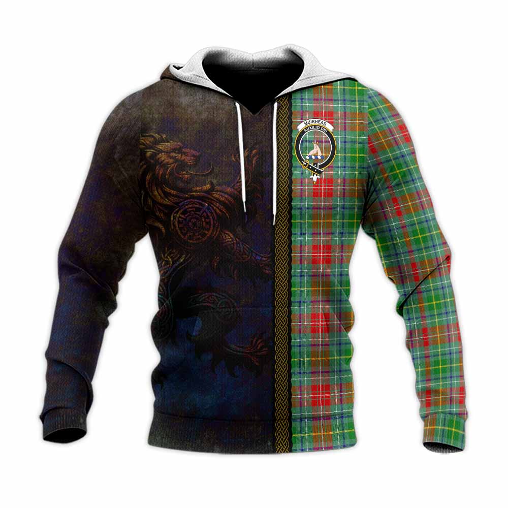 Tartan Vibes Clothing Muirhead Tartan Family Crest Knitted Hoodie Alba Gu Brath Be Brave Lion Ancient Style