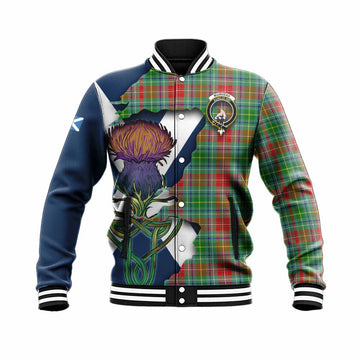 Tartan Vibes Clothing Muirhead Tartan Family Crest Baseball Jacket Scottish Thistle Celtic Inspired