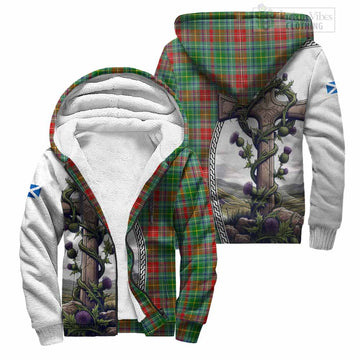 Muirhead Tartan Sherpa Hoodie with Family Crest and St. Andrew's Cross Accented by Thistle Vines Unisex S - Tartan Vibes Clothing