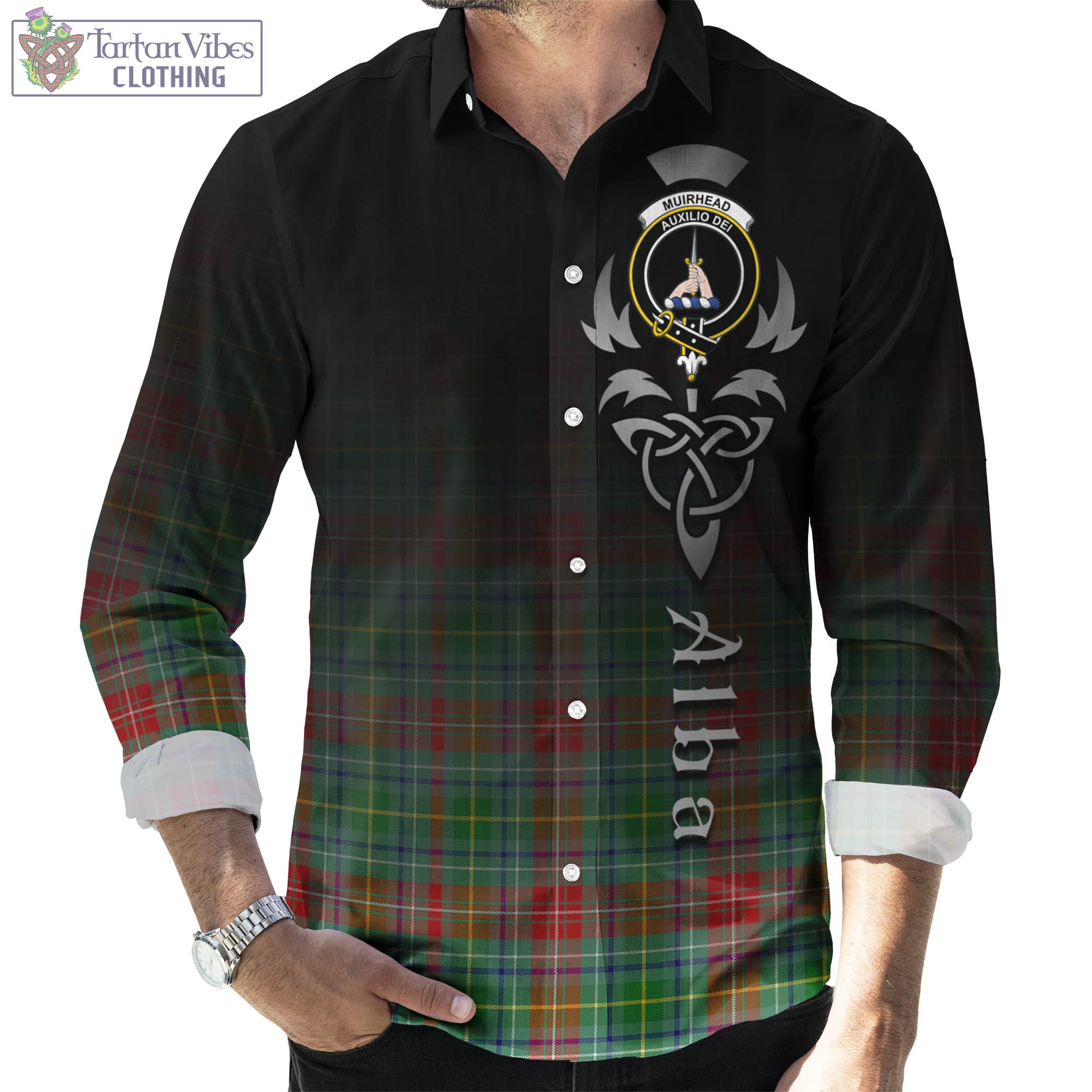 Tartan Vibes Clothing Muirhead Tartan Long Sleeve Button Up Featuring Alba Gu Brath Family Crest Celtic Inspired