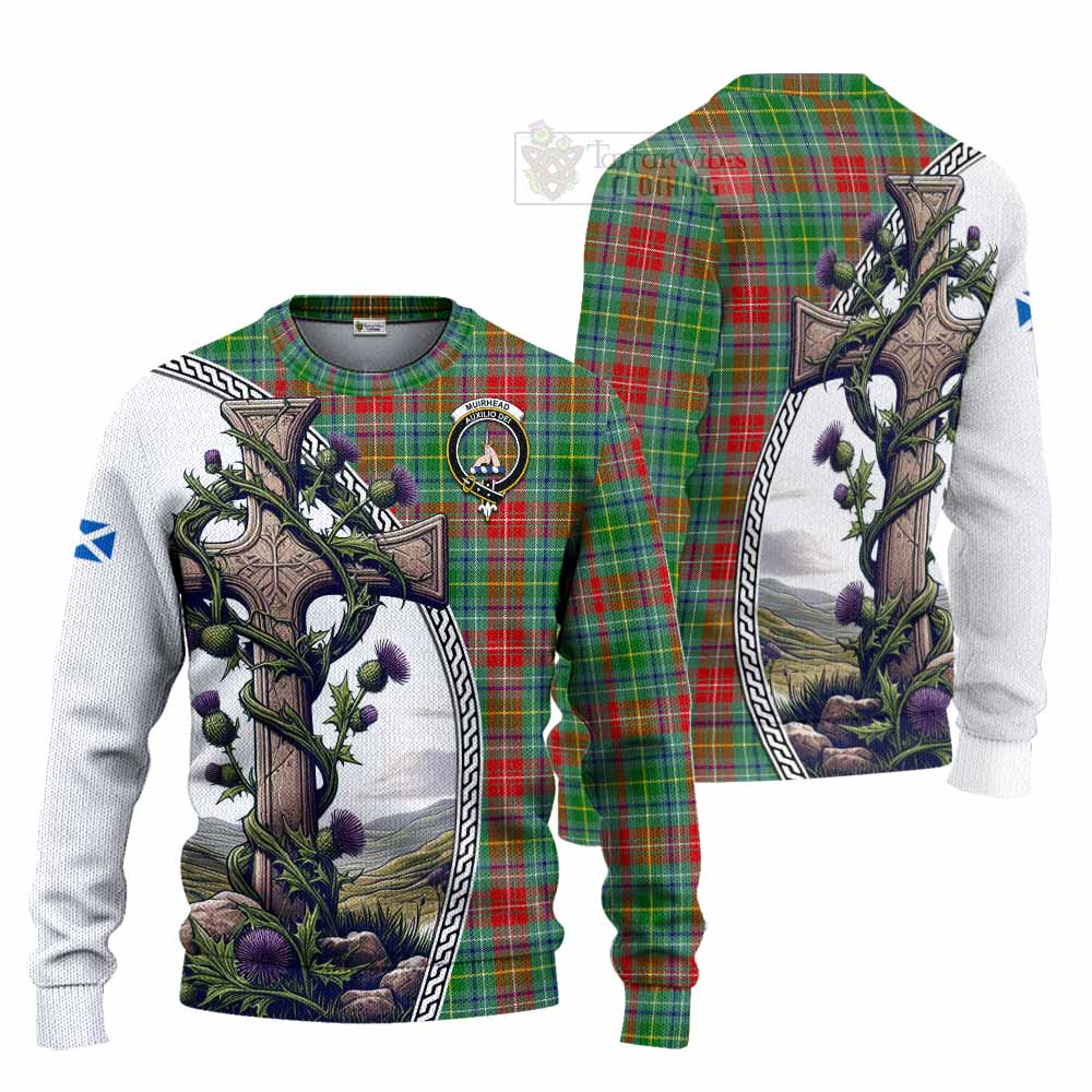 Muirhead Tartan Knitted Sweater with Family Crest and St. Andrew's Cross Accented by Thistle Vines Unisex - Tartan Vibes Clothing