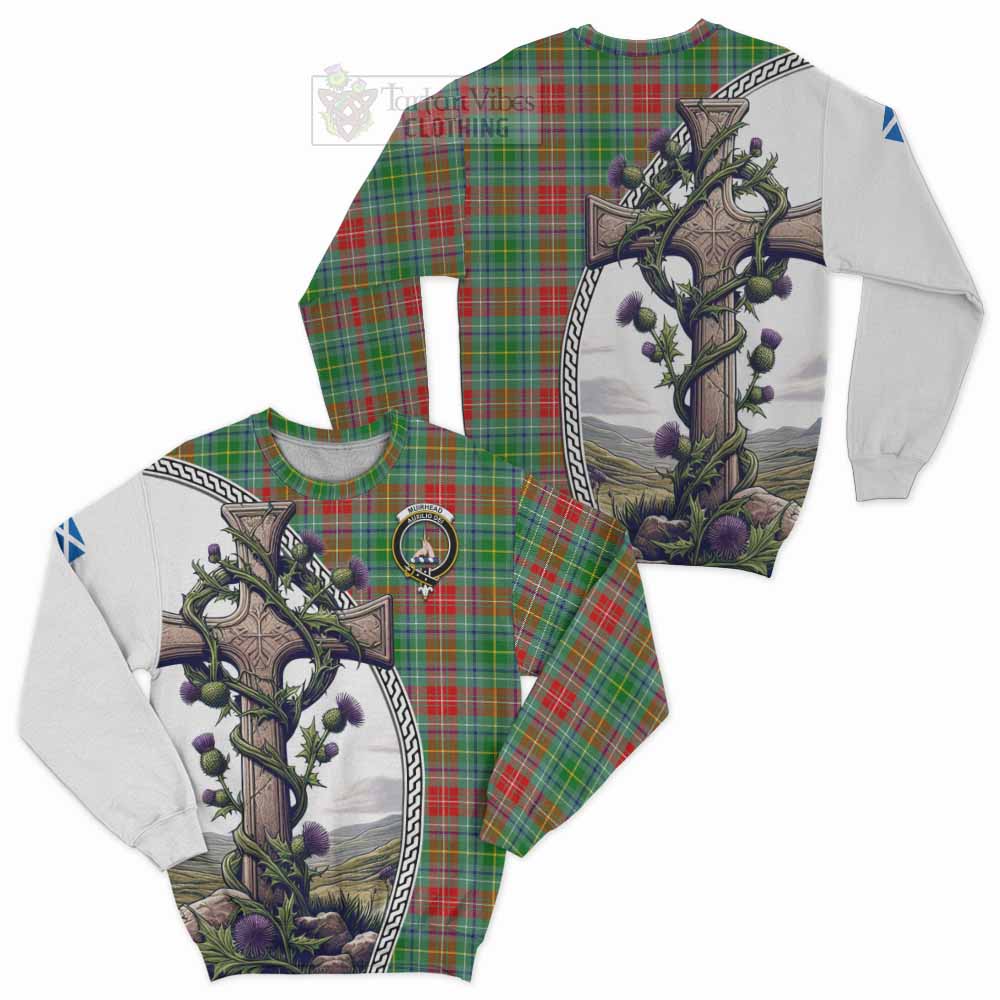 Muirhead Tartan Sweatshirt with Family Crest and St. Andrew's Cross Accented by Thistle Vines Unisex - Tartan Vibes Clothing