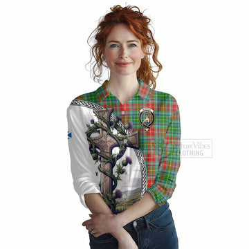 Muirhead Tartan Women's Casual Shirt with Family Crest and St. Andrew's Cross Accented by Thistle Vines Female - Tartan Vibes Clothing