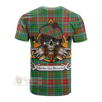 Muirhead Tartan Cotton T-shirt with Family Crest and Bearded Skull Holding Bottles of Whiskey - Tartan Vibes Clothing