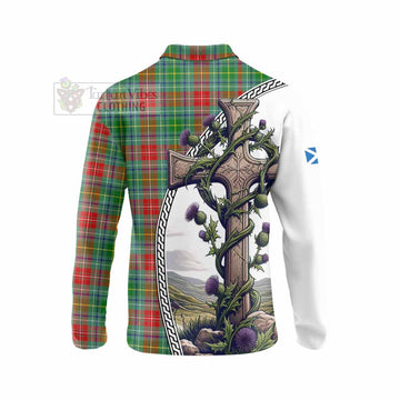 Muirhead Tartan Long Sleeve Polo Shirt with Family Crest and St. Andrew's Cross Accented by Thistle Vines - Tartan Vibes Clothing