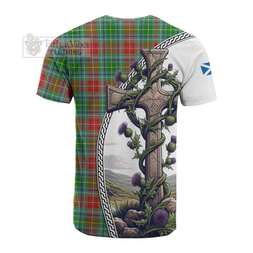 Muirhead Tartan Cotton T-shirt with Family Crest and St. Andrew's Cross Accented by Thistle Vines - Tartan Vibes Clothing