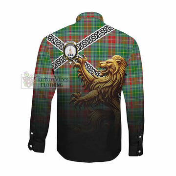 Muirhead Crest Tartan Long Sleeve Button Shirt with Golden Lion Emblem Celtic Style Men's Shirt - Tartan Vibes Clothing