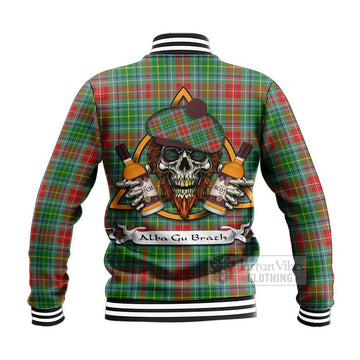 Muirhead Tartan Baseball Jacket with Family Crest and Bearded Skull Holding Bottles of Whiskey - Tartan Vibes Clothing