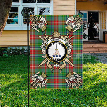 Muirhead Tartan Garden Flag with Family Crest and Golden Thistle Crossed Sword Design