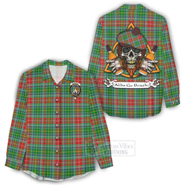 Muirhead Tartan Women's Casual Shirt with Family Crest and Bearded Skull Holding Bottles of Whiskey - Tartan Vibes Clothing