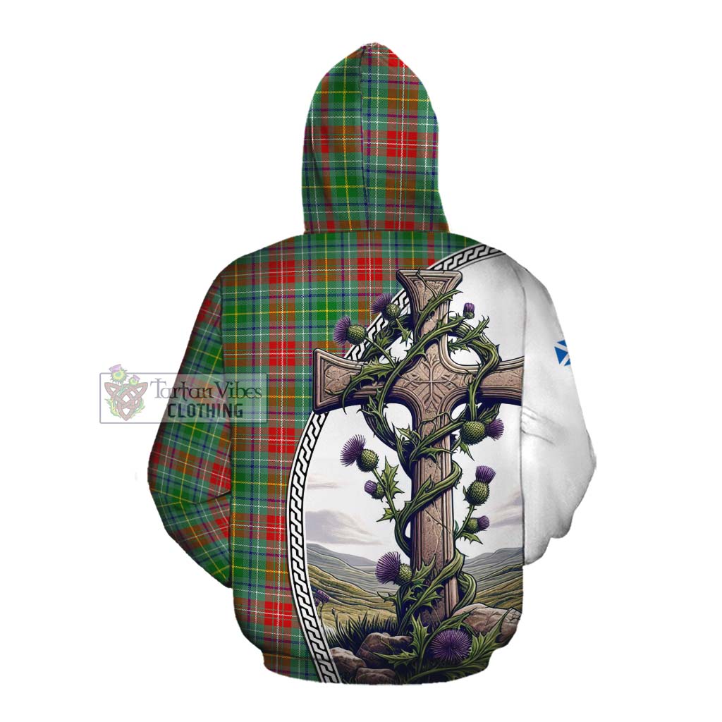 Tartan Vibes Clothing Muirhead Tartan Cotton Hoodie with Family Crest and St. Andrew's Cross Accented by Thistle Vines