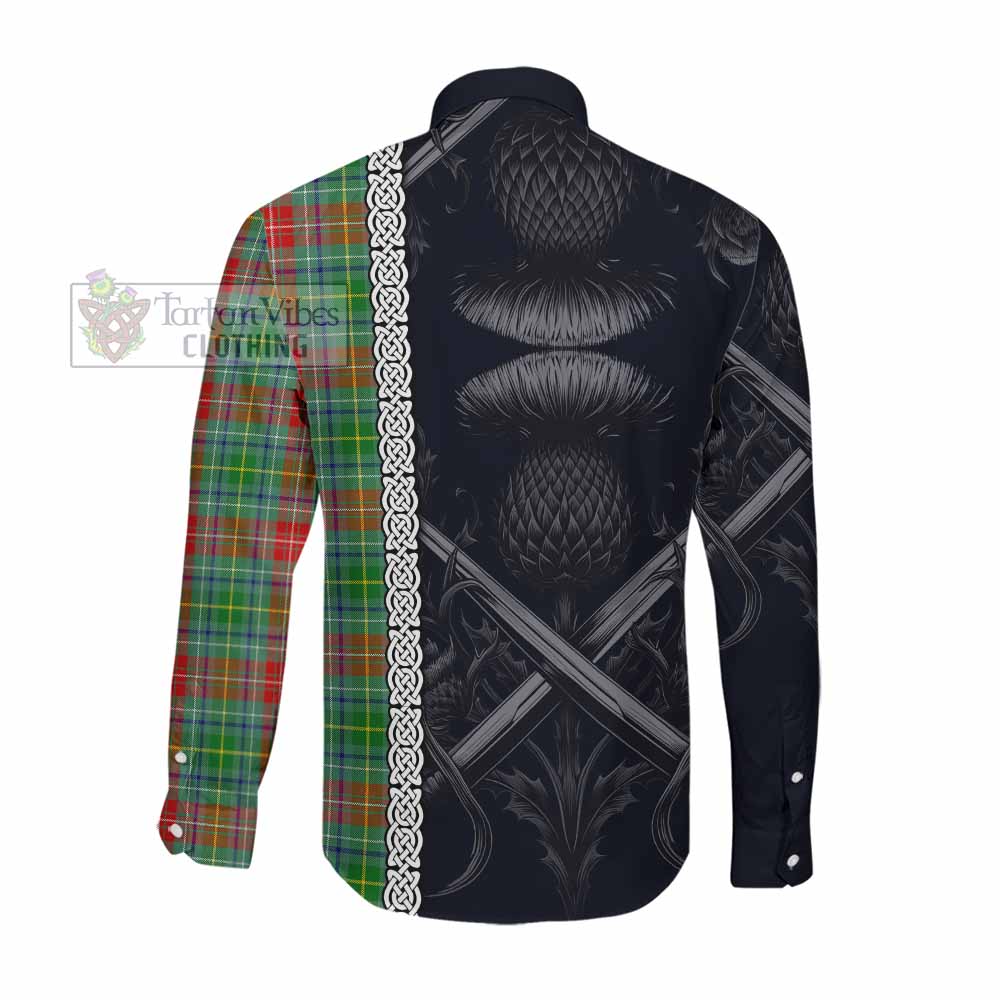 Tartan Vibes Clothing Muirhead Tartan Long Sleeve Button Shirt with Family Crest Cross Sword Thistle Celtic Vibes