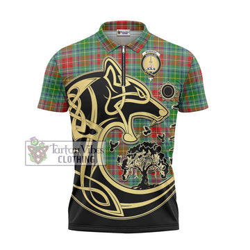 Muirhead Tartan Zipper Polo Shirt with Family Crest Celtic Wolf Style - Tartan Vibes Clothing