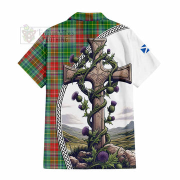 Muirhead Tartan Hawaiian Shirt with Family Crest and St. Andrew's Cross Accented by Thistle Vines - Tartan Vibes Clothing