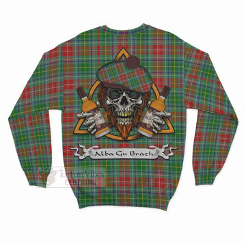Muirhead Tartan Sweatshirt with Family Crest and Bearded Skull Holding Bottles of Whiskey - Tartan Vibes Clothing