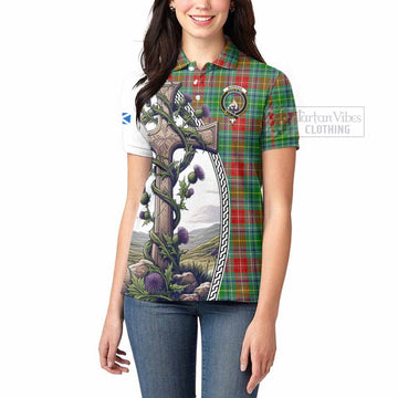 Muirhead Tartan Women's Polo Shirt with Family Crest and St. Andrew's Cross Accented by Thistle Vines - Tartan Vibes Clothing