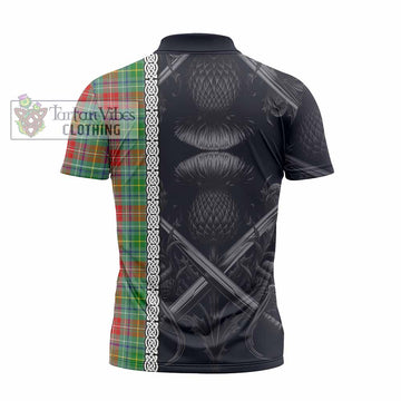 Muirhead Tartan Zipper Polo Shirt with Family Crest Cross Sword Thistle Celtic Vibes - Tartan Vibes Clothing