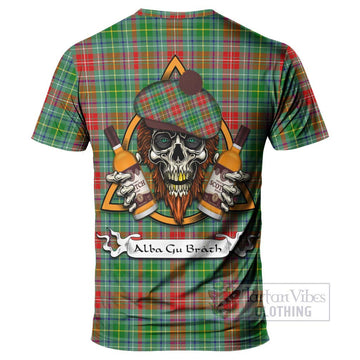 Muirhead Tartan T-Shirt with Family Crest and Bearded Skull Holding Bottles of Whiskey - Tartan Vibes Clothing