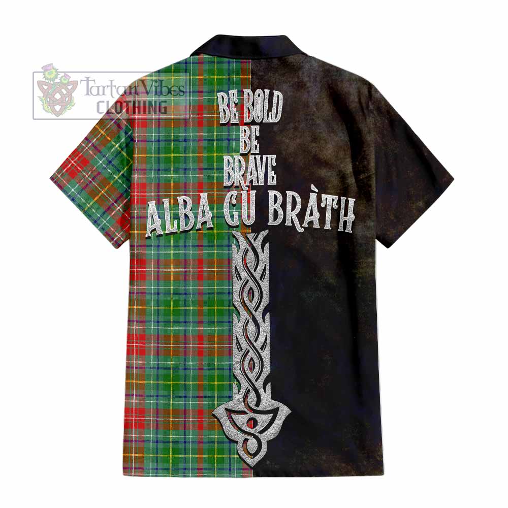 Tartan Vibes Clothing Muirhead Tartan Family Crest Short Sleeve Button Shirt Alba Gu Brath Be Brave Lion Ancient Style