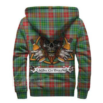 Muirhead Tartan Sherpa Hoodie with Family Crest and Bearded Skull Holding Bottles of Whiskey - Tartan Vibes Clothing