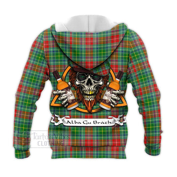Muirhead Tartan Knitted Hoodie with Family Crest and Bearded Skull Holding Bottles of Whiskey - Tartan Vibes Clothing