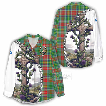 Muirhead Tartan Women's Casual Shirt with Family Crest and St. Andrew's Cross Accented by Thistle Vines - Tartan Vibes Clothing