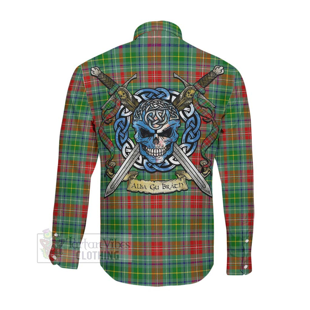Muirhead Tartan Long Sleeve Button Shirt with Family Crest Celtic Skull Style Men's Shirt - Tartan Vibes Clothing