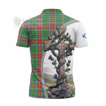 Muirhead Tartan Zipper Polo Shirt with Family Crest and St. Andrew's Cross Accented by Thistle Vines - Tartan Vibes Clothing
