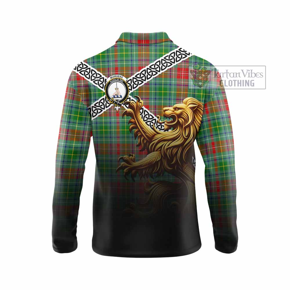 Muirhead Crest Tartan Long Sleeve Polo Shirt with Golden Lion Emblem Celtic Style - Tartan Vibes Clothing