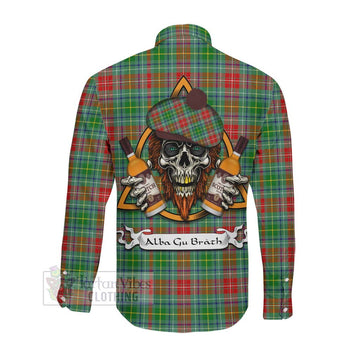 Muirhead Tartan Long Sleeve Button Shirt with Family Crest and Bearded Skull Holding Bottles of Whiskey Men's Shirt - Tartan Vibes Clothing
