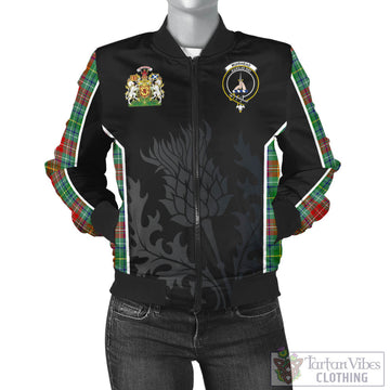 Tartan Vibes Clothing Muirhead Tartan Bomber Jacket with Family Crest and Scottish Thistle Vibes Sport Style