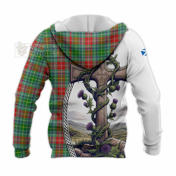 Muirhead Tartan Knitted Hoodie with Family Crest and St. Andrew's Cross Accented by Thistle Vines - Tartan Vibes Clothing