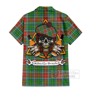 Muirhead Tartan Hawaiian Shirt with Family Crest and Bearded Skull Holding Bottles of Whiskey - Tartan Vibes Clothing