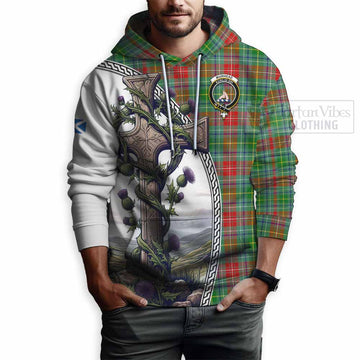 Muirhead Tartan Hoodie with Family Crest and St. Andrew's Cross Accented by Thistle Vines - Tartan Vibes Clothing