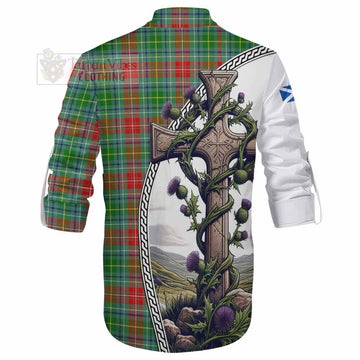 Muirhead Tartan Ghillie Kilt Shirt with Family Crest and St. Andrew's Cross Accented by Thistle Vines - Tartan Vibes Clothing