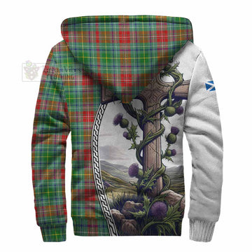 Muirhead Tartan Sherpa Hoodie with Family Crest and St. Andrew's Cross Accented by Thistle Vines - Tartan Vibes Clothing