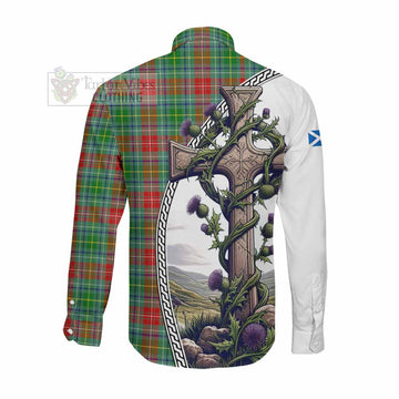 Muirhead Tartan Long Sleeve Button Shirt with Family Crest and St. Andrew's Cross Accented by Thistle Vines Men's Shirt - Tartan Vibes Clothing