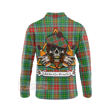 Muirhead Tartan Long Sleeve Polo Shirt with Family Crest and Bearded Skull Holding Bottles of Whiskey - Tartan Vibes Clothing