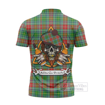 Muirhead Tartan Zipper Polo Shirt with Family Crest and Bearded Skull Holding Bottles of Whiskey - Tartan Vibes Clothing