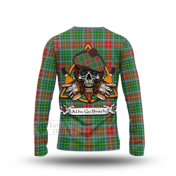 Muirhead Tartan Long Sleeve T-Shirt with Family Crest and Bearded Skull Holding Bottles of Whiskey - Tartan Vibes Clothing