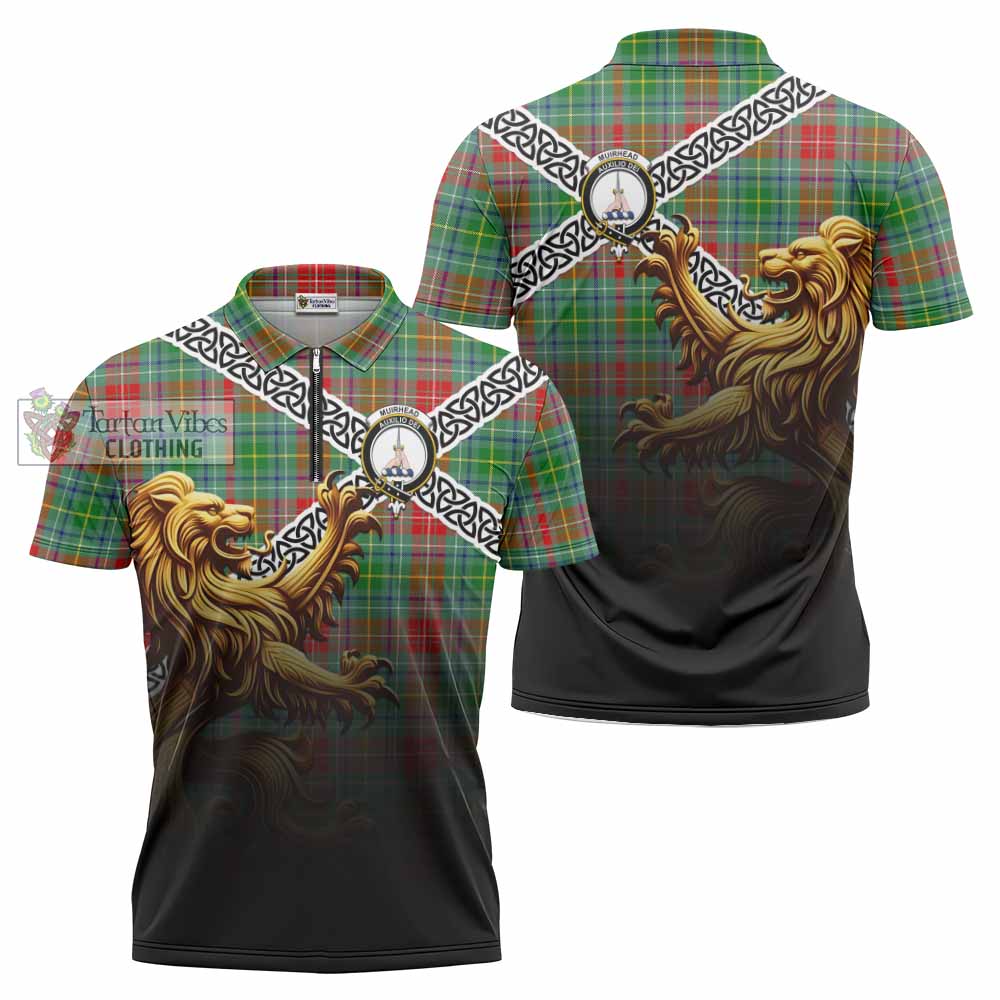 Muirhead Crest Tartan Zipper Polo Shirt with Golden Lion Emblem Celtic Style - Tartan Vibes Clothing